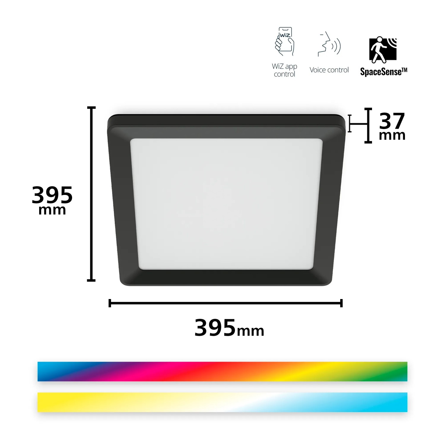 Schwarzes WiZ Deckenpanel, smarte eckige LED-Leuchte mit den Maßen 39,5 x 39,5 cm.