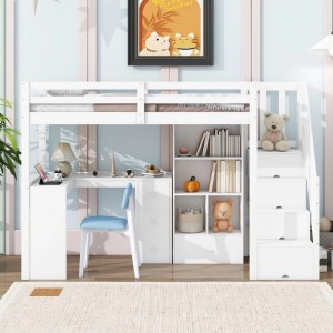 KOMHTOM Hochbett 90x200Cm Mit Geländer Schreibtisch Schubladen Offener Stauschrank Und Verstaubare Trittleiter Weiß Ohne Matratze