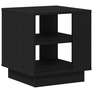 Quadratischer Couchtisch in schwarzer Eiche Optik, 40x40x43 cm, aus Holzwerkstoff, mit 2 offenen Regalen.