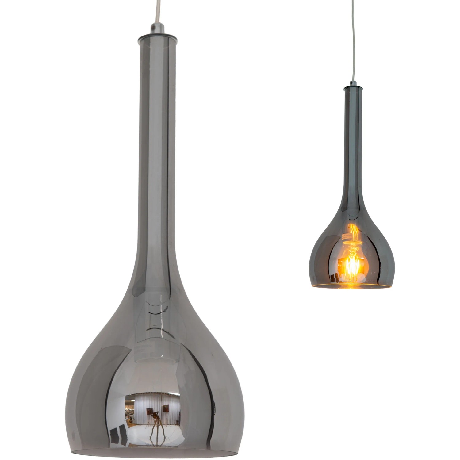 Moderne Näve Pendelleuchte Vaso, 16 cm, aus grauem Glas und Edelstahl. Ideal für Wohnzimmer.