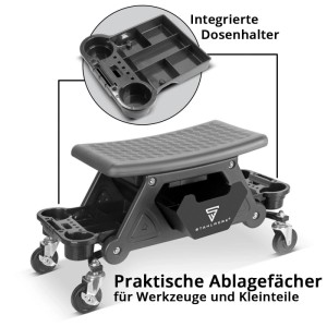 Schwarzer STAHLWERK Werkstatthocker WRS 185 mit Rollen, Schublade, Ablagefächern und Dosenhaltern. 185 kg Tragkraft.