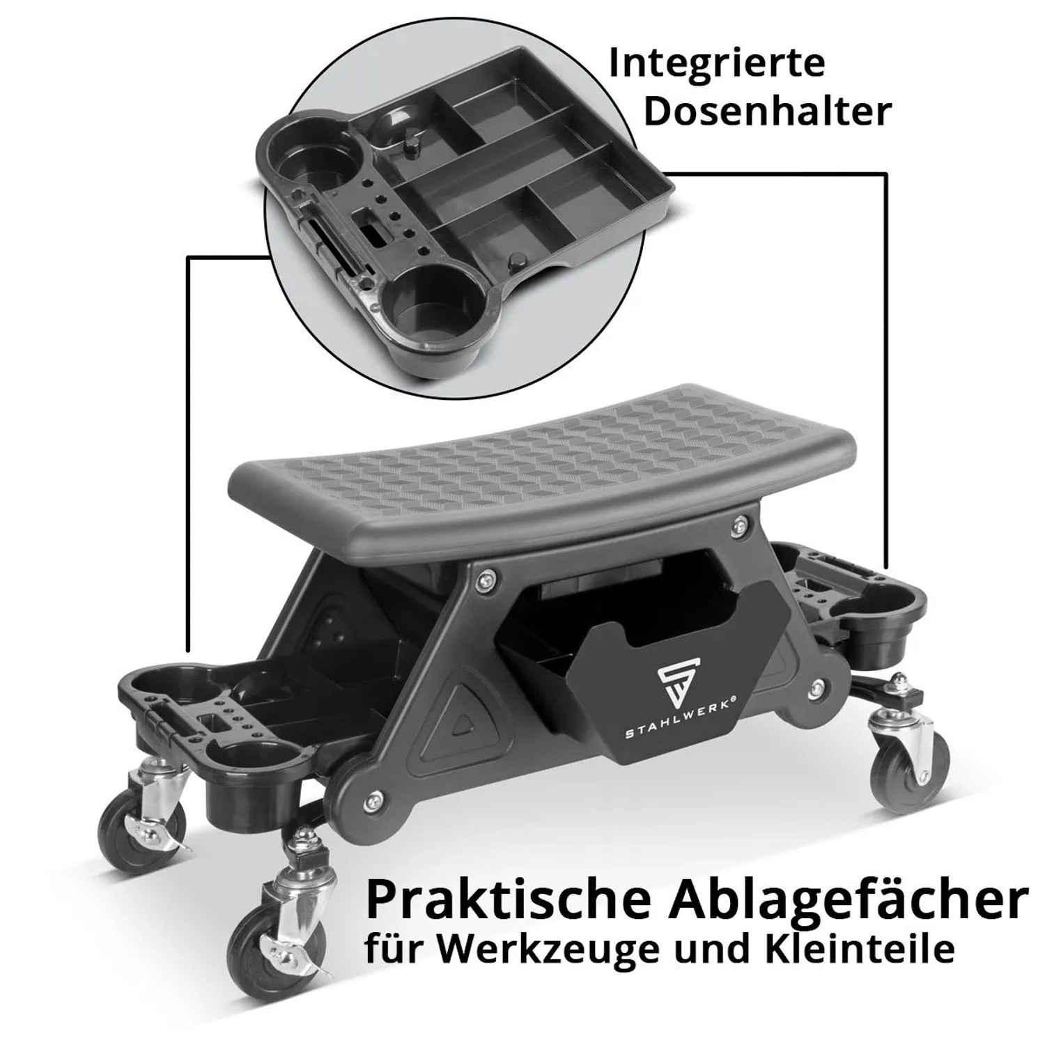Schwarzer STAHLWERK Werkstatthocker WRS 185 mit Rollen, Schublade, Ablagefächern und Dosenhaltern. 185 kg Tragkraft.