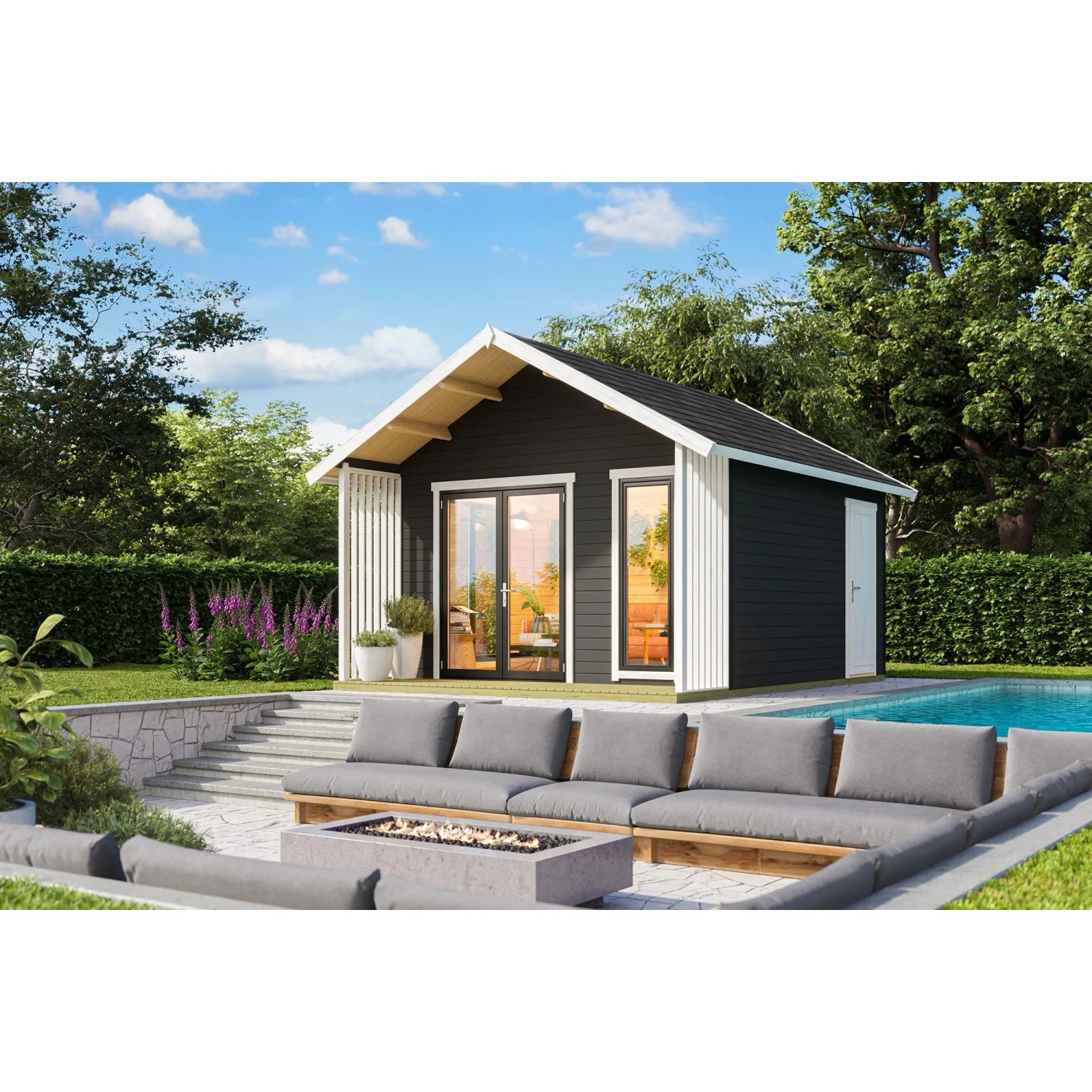 Lasita Holz-Gartenhaus Murano 1 Satteldach Carbongrau Lasiert 390 cm x 410 cm