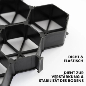 Detailaufnahme: Schwarzes KARAT Rasengitter/Paddockplatte aus Kunststoff, 50x50 cm, zur Bodenverstärkung.