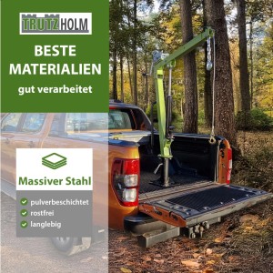 TRUTZHOLM Pickup Kran aus Stahl, 900 kg Tragkraft, 360° drehbar, mit Seilwinde montiert auf einem Pickup.