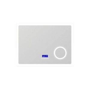 Rechteckiger Badspiegel mit LED-Beleuchtung, digitaler Anzeige für Uhrzeit/Temperatur, Touch-Bedienung und beleuchteter Lupe.