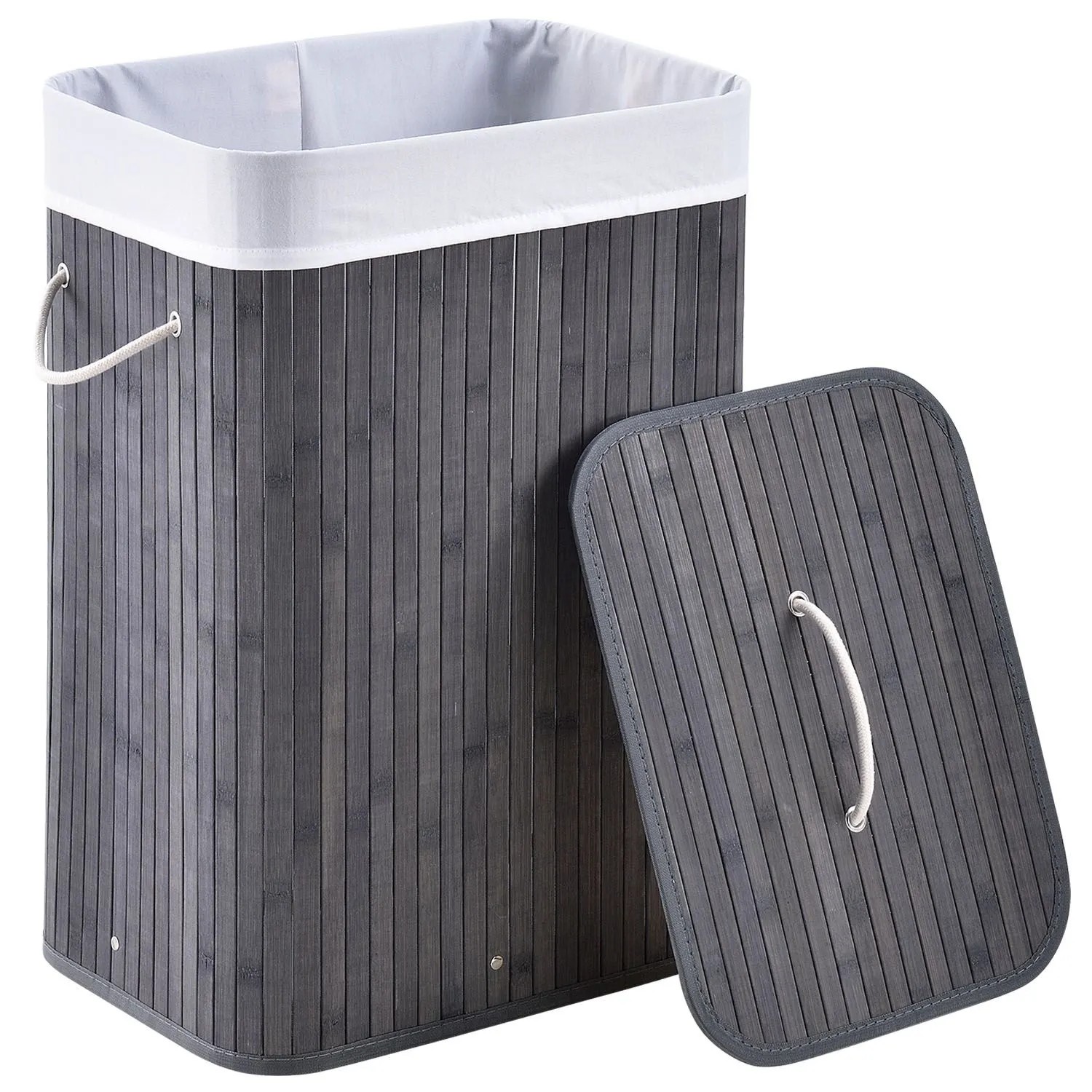 Grauer Bambus Wäschekorb (72L) mit Deckel und Wäschesack. Praktisch, faltbar und ideal für Bad oder Schlafzimmer.