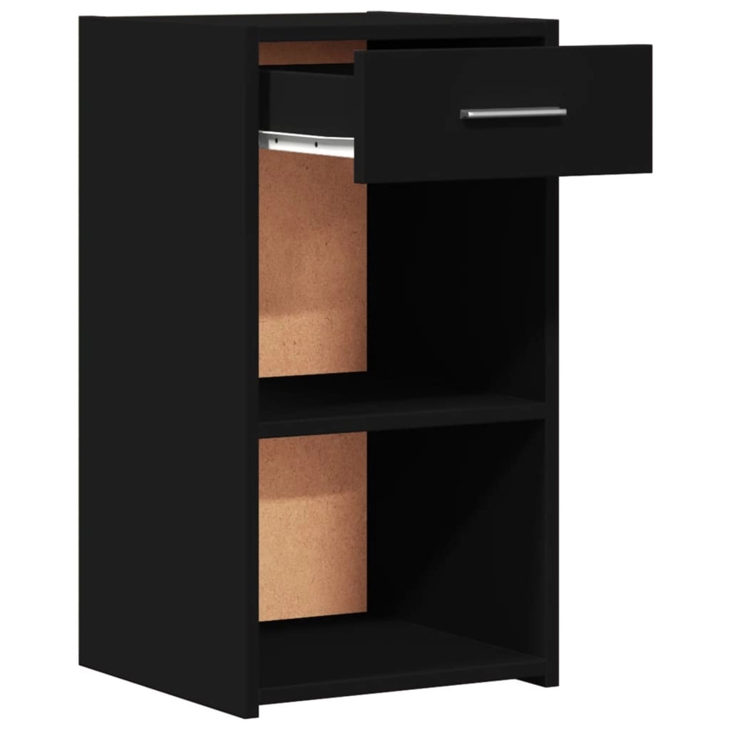 Schwarzer vidaXL Nachttisch mit Schublade und offenen Fächern aus Holzwerkstoff.