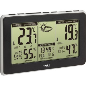 Schwarze TFA Funk-Wetterstation Mondo mit Außensender zeigt Temperatur, Luftfeuchtigkeit und Wettervorhersage.