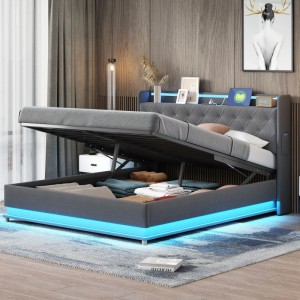 okwish Polsterbett 160x200cm mit LED USB Hydraulischem Stauraum Grau ohne Matratze