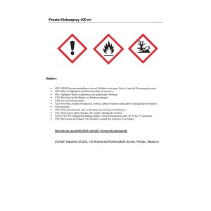 Etikett des Presto Klebesprays 400ml mit Gefahrenhinweisen für Lack- und Karosseriereparatur.