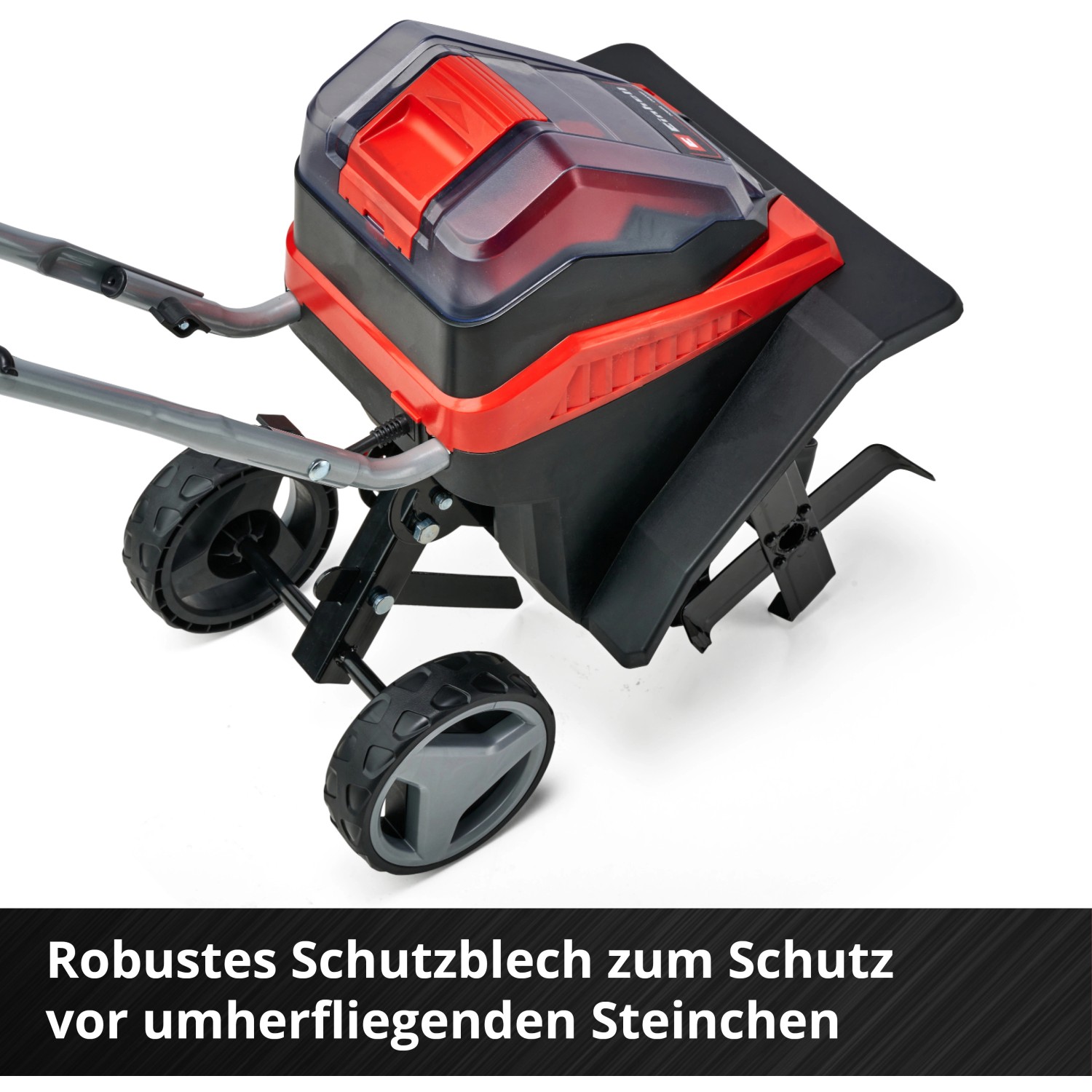 Einhell Akku-Bodenhacke GE-CR 30 Li Solo: Detailansicht mit Rädern und Hackmessern.