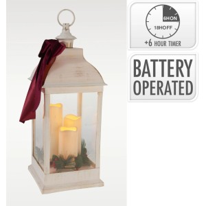 Weiße Laterne mit goldener Bürstung, 3 LED-Kerzen, rotem Samtband & Weihnachtsdeko. Batteriebetrieben, Timer, IP44.