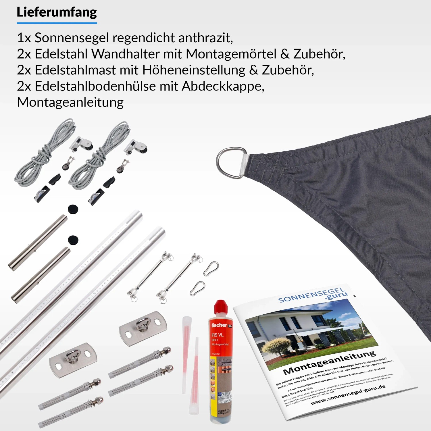 Toldoro Sonnensegel Komplettset 5x4m anthrazit mit Zubehör, Halterung, Mast und Montageanleitung.