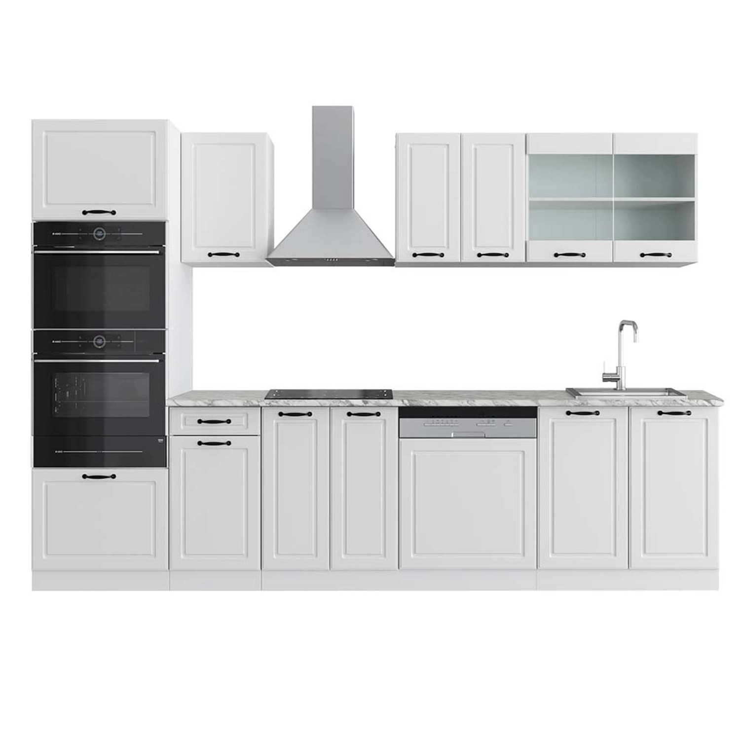 Vicco R-Line Küchenzeile Weiß Landhaus/Weiß 300 cm mit HochschrankAP Marmor günstig online kaufen