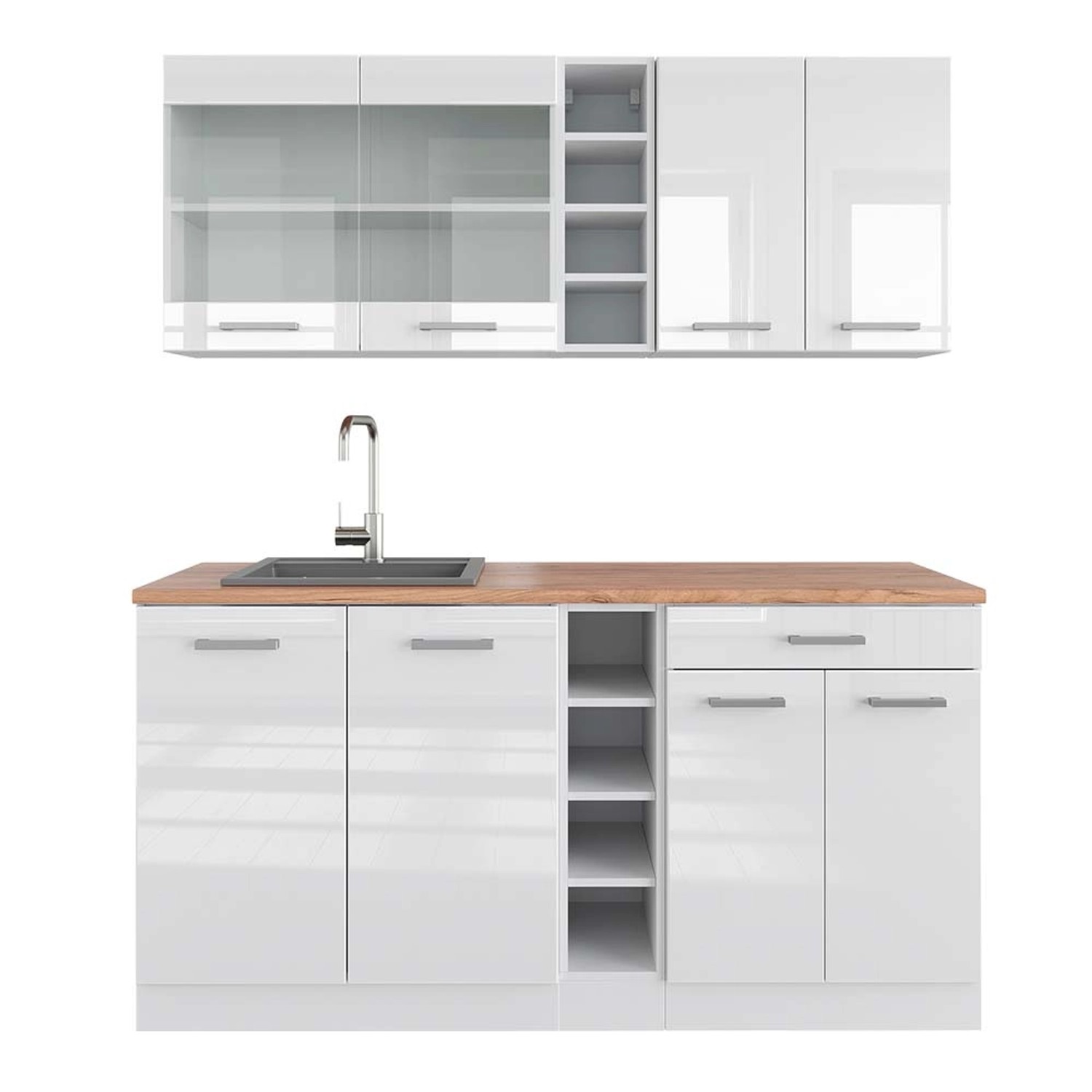 Vicco R-Line Singleküche Weiß Hochglanz/Weiß 160 cm AP Eiche günstig online kaufen