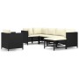 Schwarzes 7-tlg. Garten Lounge Set aus Rattan mit cremeweißen Kissen.