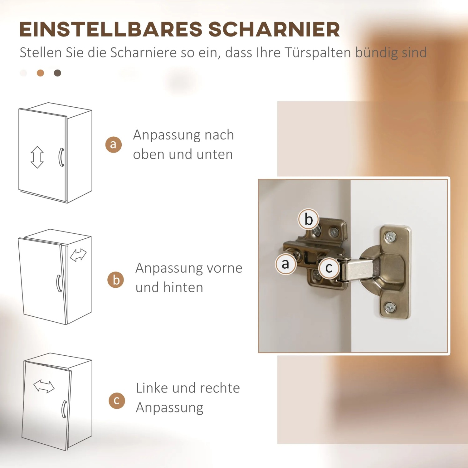 Einstellbares Scharnier des Küchenschranks von HOMCOM, Detailansicht mit Erläuterungen zur Justierung.