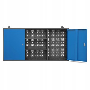 Jan Nowak Werkstattschrank BEN, 60x120x20 cm, anthrazit-blau, mit Lochwand und Regalfächern.