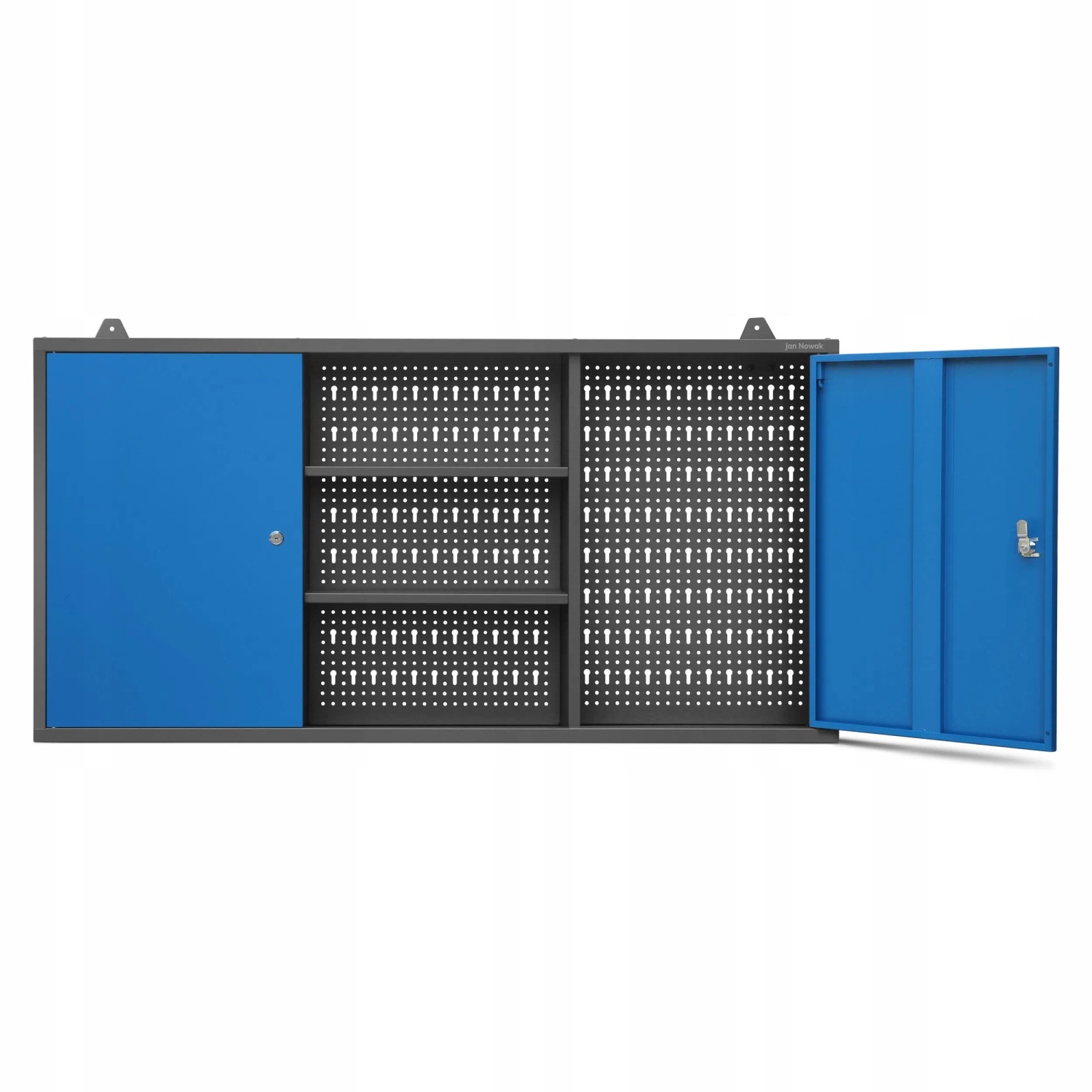 Jan Nowak Werkstattschrank BEN, 60x120x20 cm, anthrazit-blau, mit Lochwand und Regalfächern.