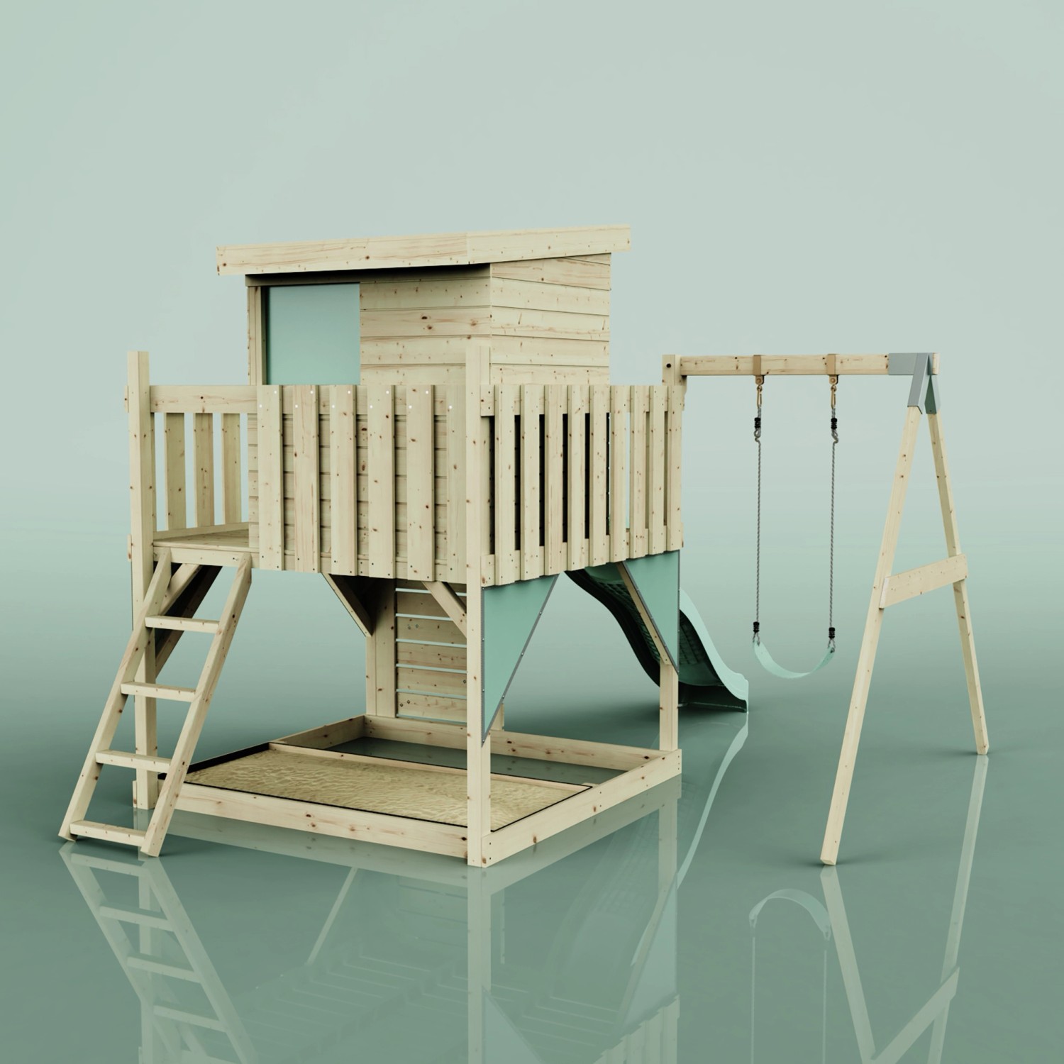 PolarPlay Spielturm Alma mit Schaukel, Rutsche und Leiter aus Holz, mintgrün.