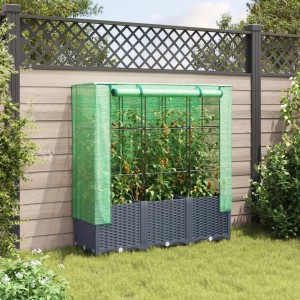 Dunkelgraues vidaXL Hochbeet mit Gewächshaus-Aufsatz im Garten. Rattan-Optik, 120x40x138 cm.