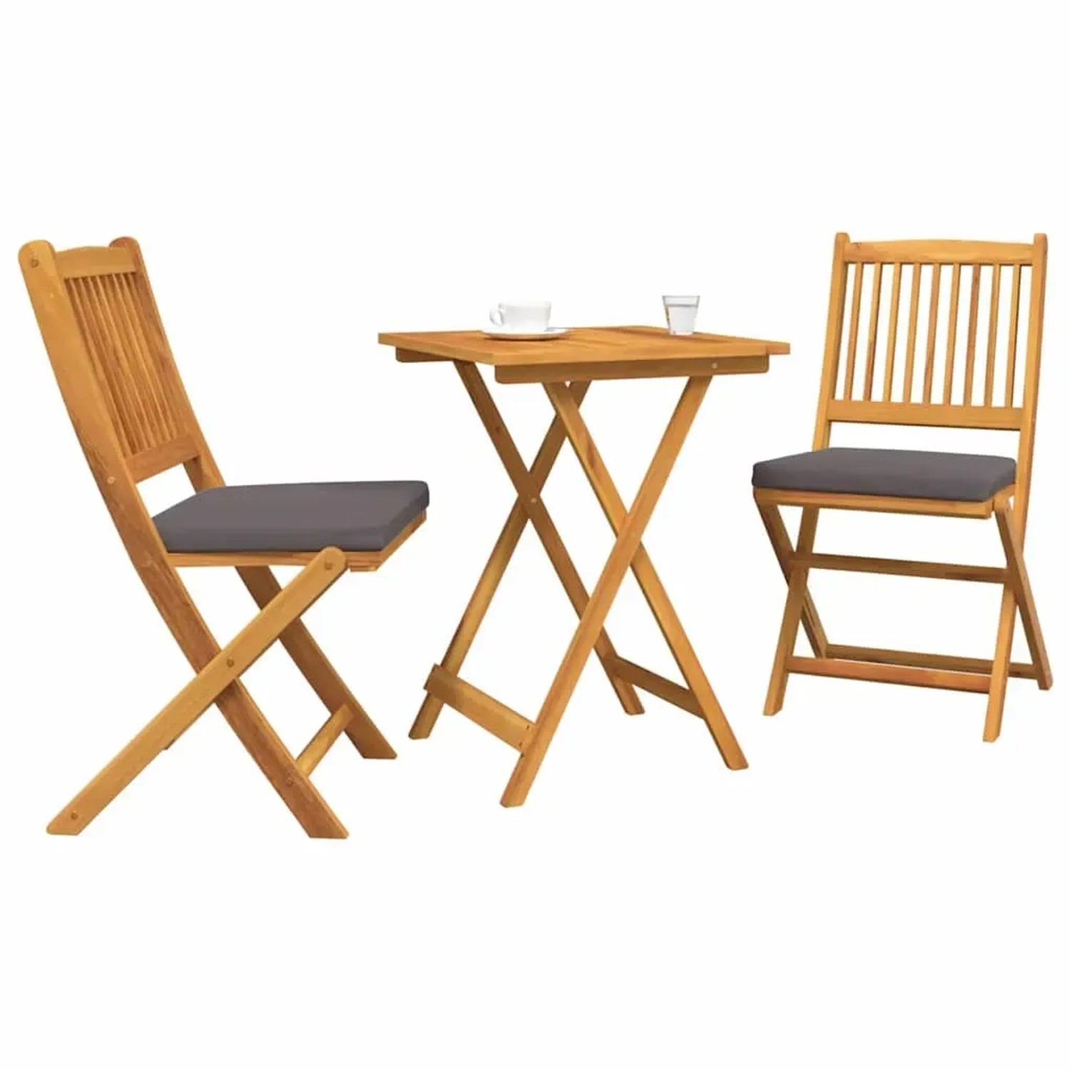 Braunes 3-teiliges Garten Bistro Set aus Akazienholz mit Tisch und zwei Stühlen.