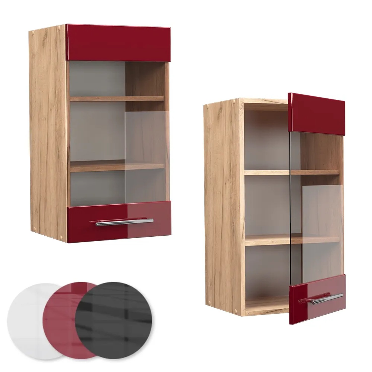 Vicco Küchenglasschrank Fame-Line, Bordeaux Hochglanz/Goldkraft Eiche, 40 cm breit.