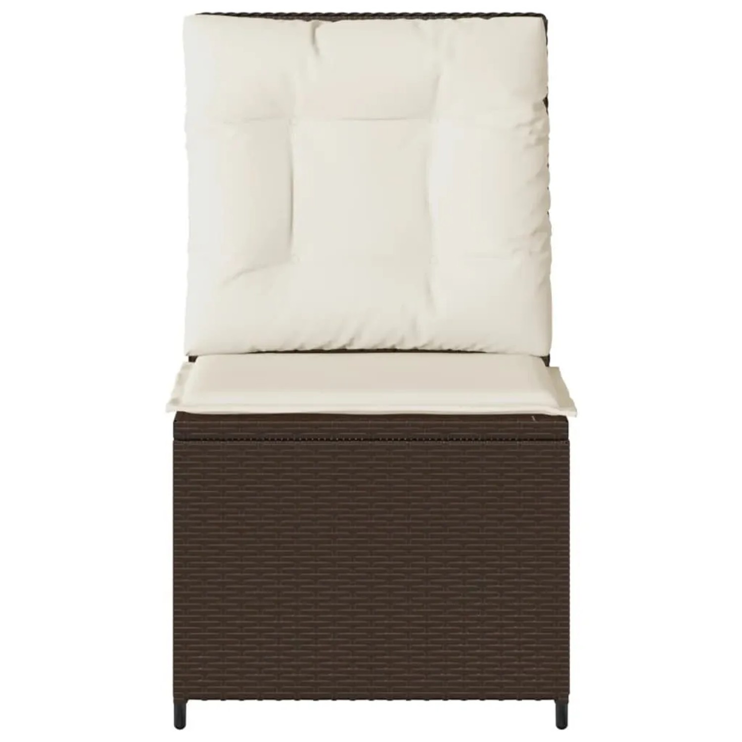 Brauner vidaXL Gartensessel aus Poly Rattan mit Liegefunktion und cremeweißen Kissen, aufrecht stehend.