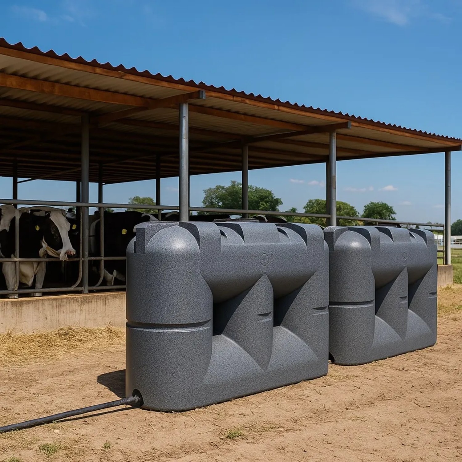 Zwei graue, marmorierte KMND 2000L Flach-Wassertanks mit Schlauchanschluss vor einem Kuhstall. Ideal für Trinkwasser & Garten.