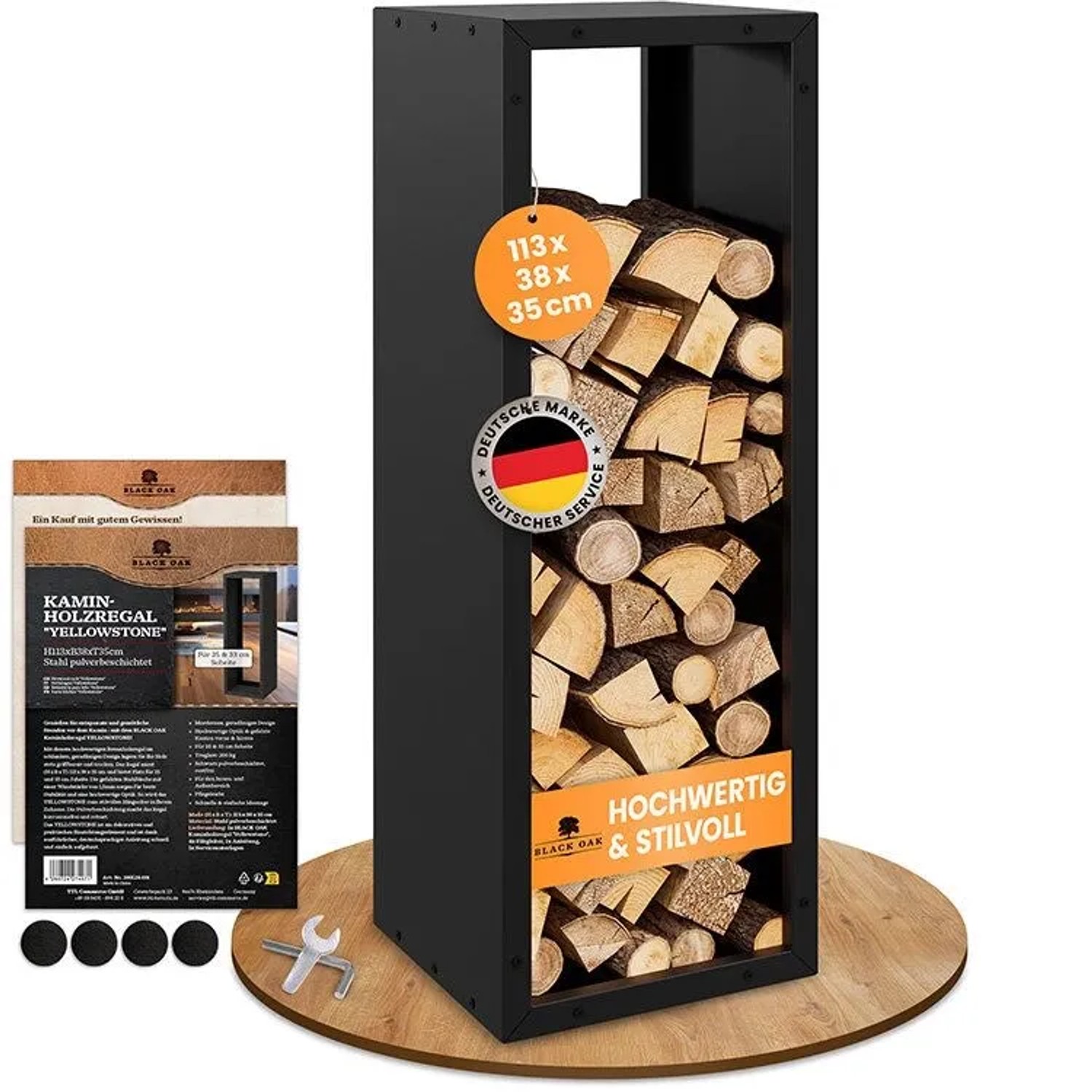 BLACK OAK Kaminholzregal YELLOWSTONE aus Stahl, pulverbeschichtet, für Innenbereich. Holzregal gefüllt mit Kaminholz.