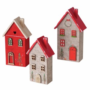 3-teiliges Deko-Haus Set Casata in Beige/Rot. Weihnachtsdeko für Tisch, Regal oder Fensterbank.