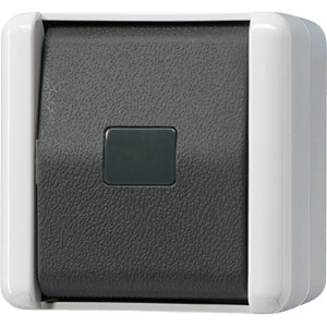 Jung WG800 Taster IP44 für Feuchträume, grau mit weißem Rahmen.