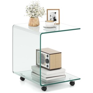 Costway Beistelltisch aus Glas, transparent, mit Rollen. Wohnzimmertisch im C-Design.