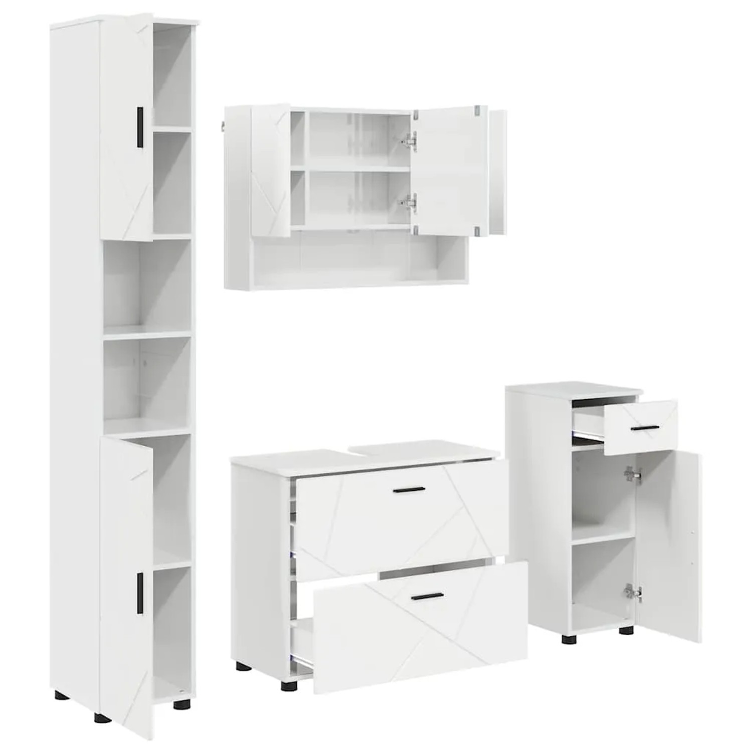 vidaXL Badezimmermöbel-Set 4-Tlg Hochglanz-Weiß Sperrholz und Metall 3393057