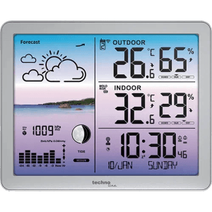 Silberne technoline WS 6520 Wetterstation mit Farbdisplay, zeigt Wetter, Innen-/Außentemperatur, Luftfeuchtigkeit, Uhrzeit.