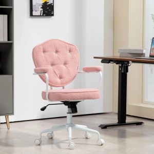 Rosa Bürostuhl mit flauschigem Polyesterbezug, Knopfheftung und Rollen, ideal für Homeoffice.