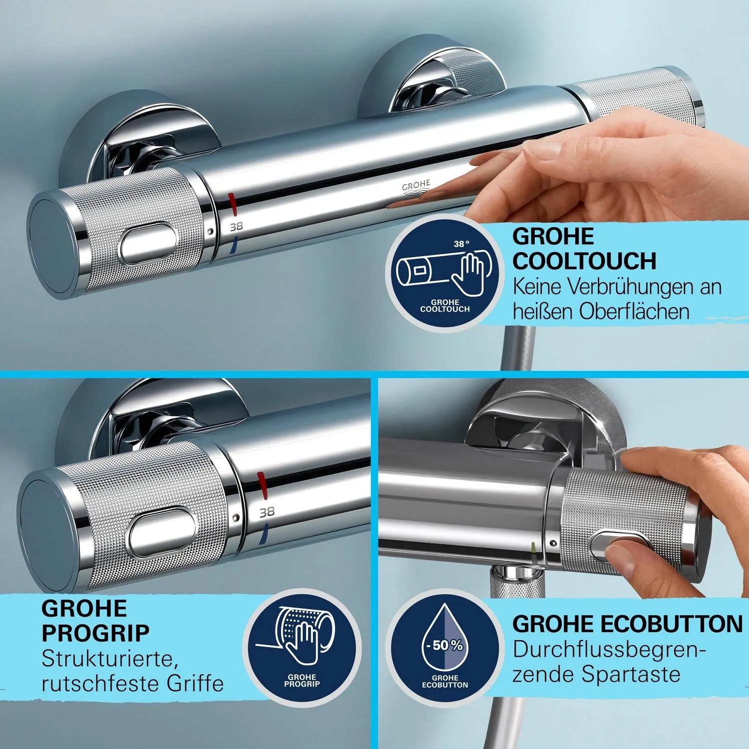 Grohe Precision Feel Thermostat: Brausegarnitur mit CoolTouch und Wassersparfunktion.
