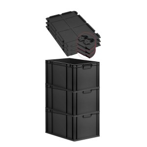 PROREGAL SuperSparSet: 3 schwarze Euroboxen (65L) mit Deckel, gestapelt.