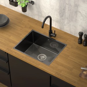 Anthrazitfarbene Edelstahlspüle (50x40 cm) von ML-Design mit Siphon auf einer Küchentheke.