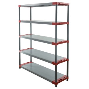 Graues Kunststoffregal Grey Bear mit 5 Böden, rot abgesetzt, Fachlast 70kg, 180x150x46cm.