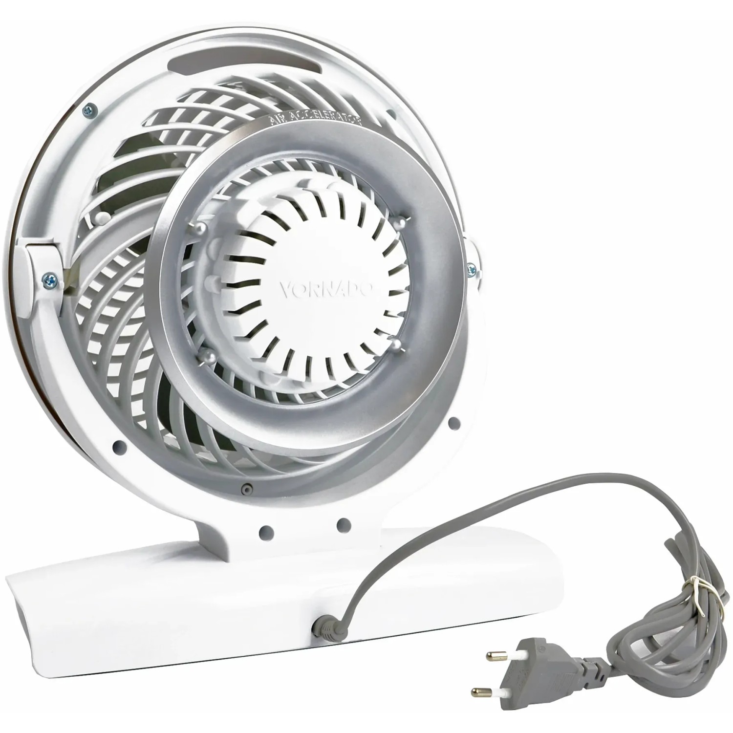 Weißer Vornado Energy Smart 6303DC Ventilator von hinten mit Kabel und Stecker.