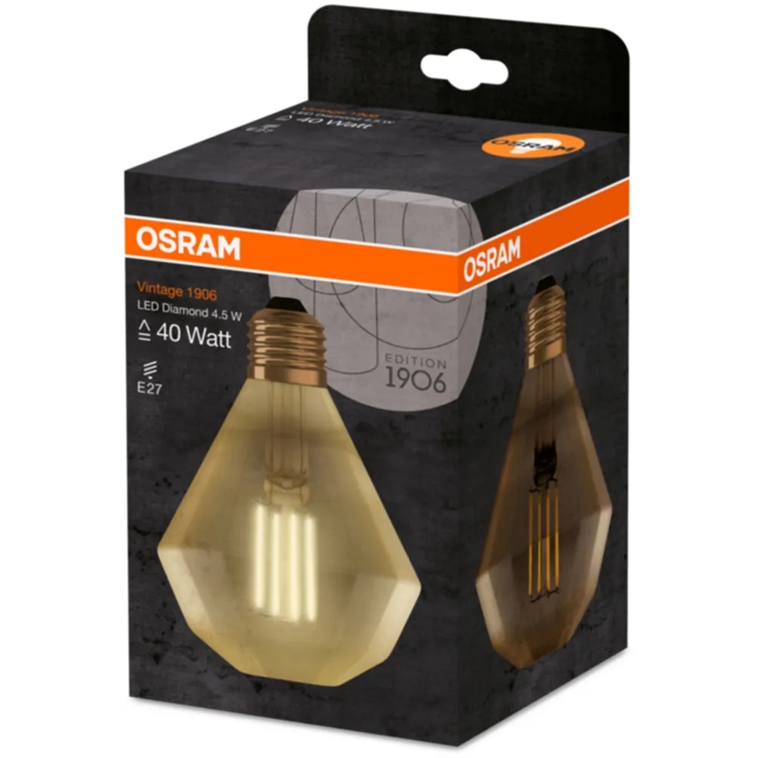 Osram LED-Leuchtmittel E27, 4W, Extrawarm, Diamant-Form, in Produktverpackung.