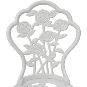 Weißer vidaXL Bistro-Gartenstuhl aus Aluminiumguss mit filigranem Rosenmuster auf der Rückenlehne.