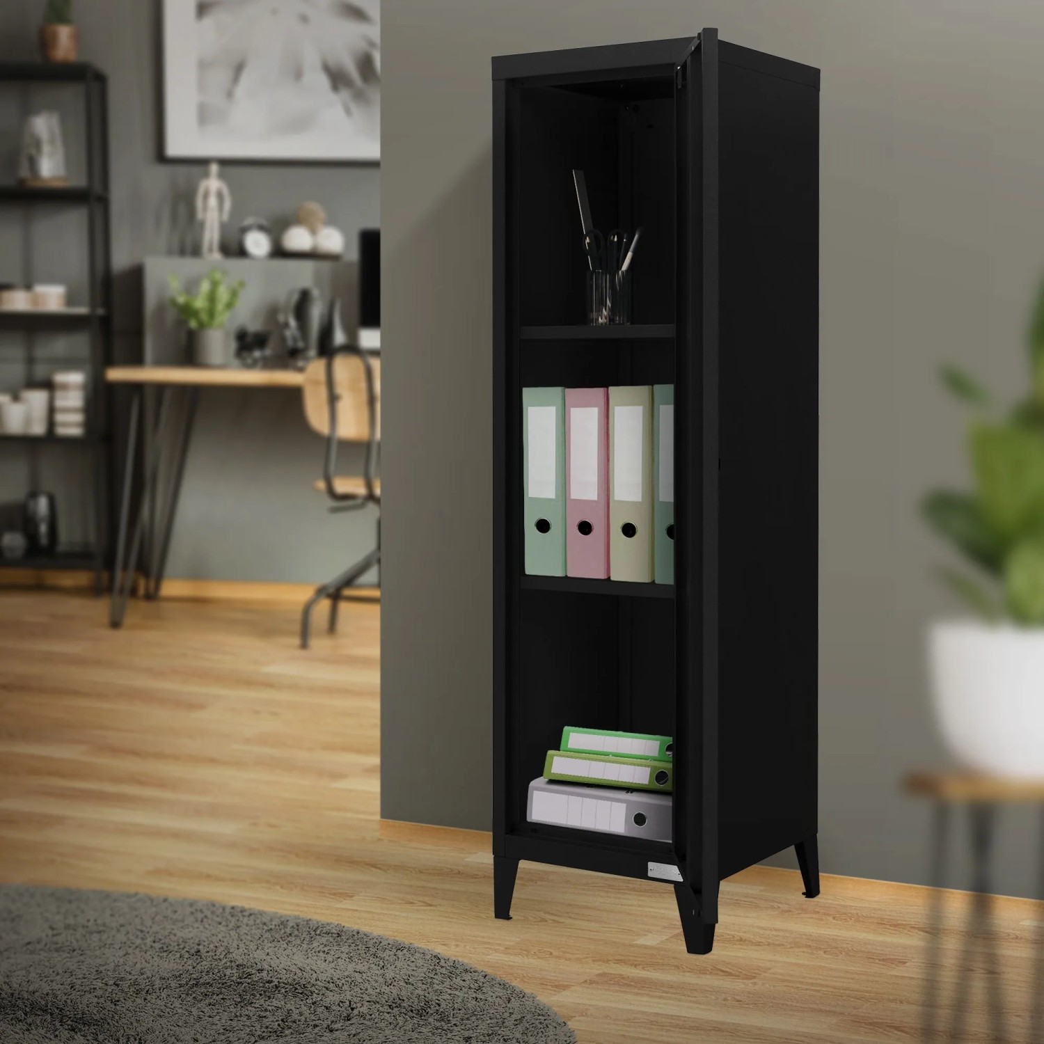 Schwarzer ML-Design Aktenschrank aus Stahl, hoch, mit Fächern für Büro und Homeoffice.