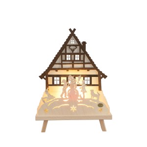 Saico LED-Dekoleuchte Waldhaus, 30x41cm, warmweiß, Kinder bauen Schneemann, Weihnachtsdekoration.