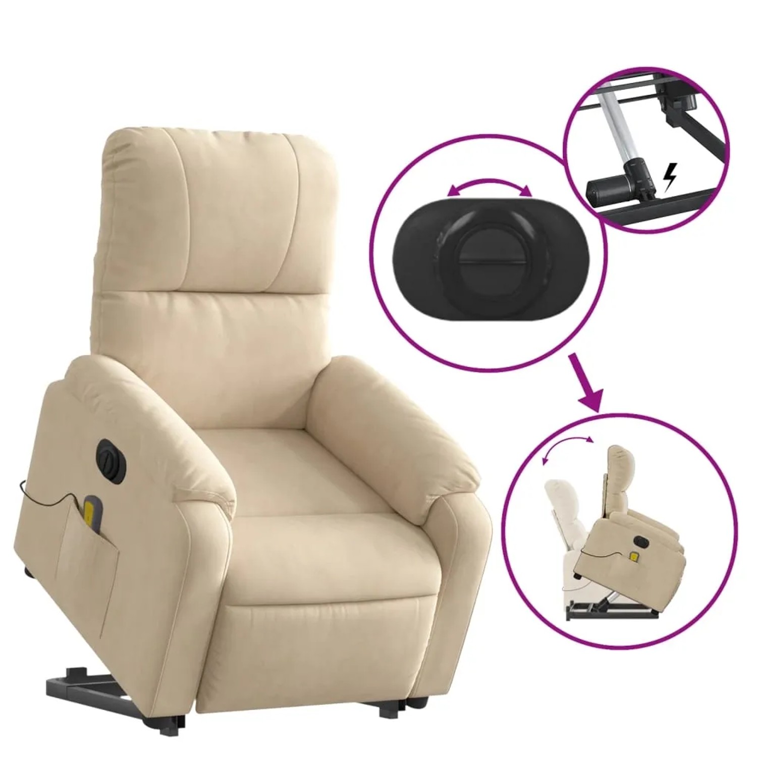 Elektrischer Massagesessel mit Aufstehhilfe in Creme aus Mikrofasergewebe.