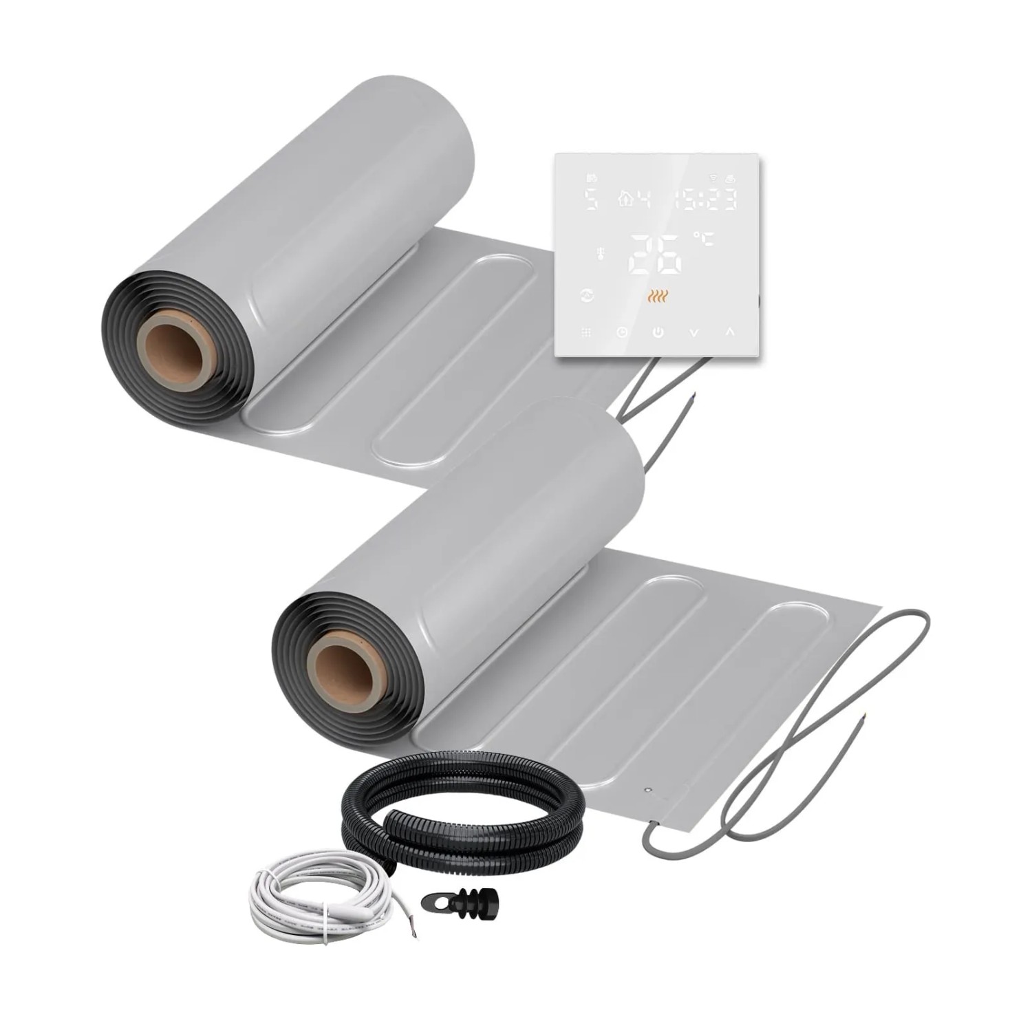 WARMON Fußbodenheizung Elektrisch 2x ALU Matten 150 W/m² 10+7 m² inkl. TS 300 WiFi Thermostat Weiß