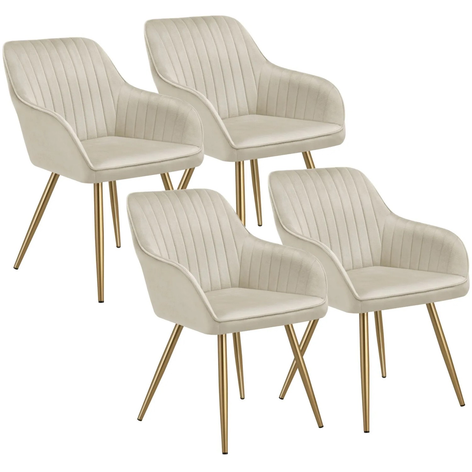 Tectake Esszimmerstuhl Marilyn Gepolstert  In Samtoptik  Gesteppt Durchgehende Lehne 4Er Set 62 x 58 x 82 cm Creme Gold