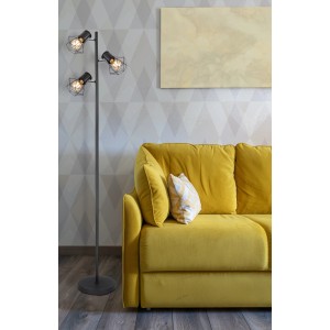 Schwarze Globo Stehlampe Priska, 3-flammig, mit Metallgeflecht im modernen Design.